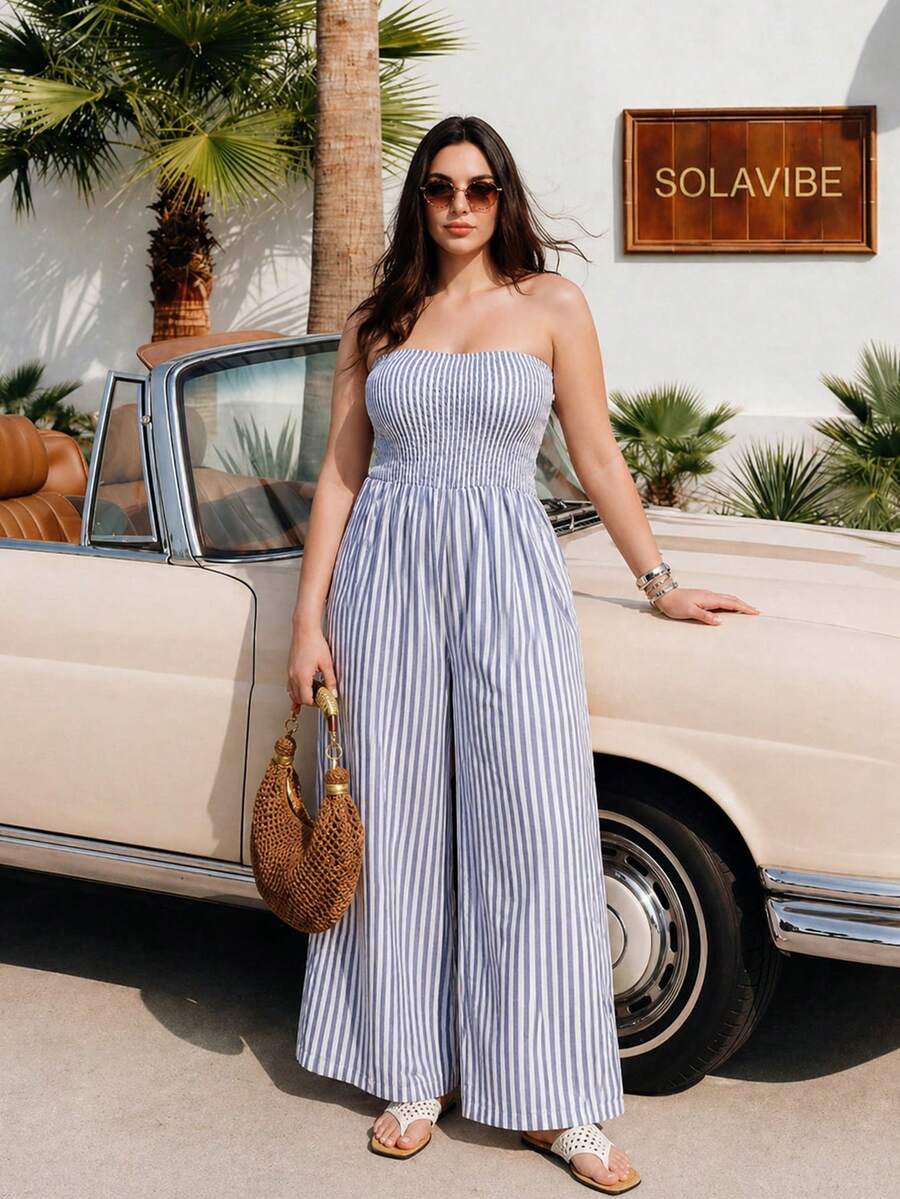 Solavibe 大码女式度假露背阔腿蓝色条纹连体裤格纹女士夏季无肩带连体裤条纹套装沙滩装 - 藍白色 - 查看 1