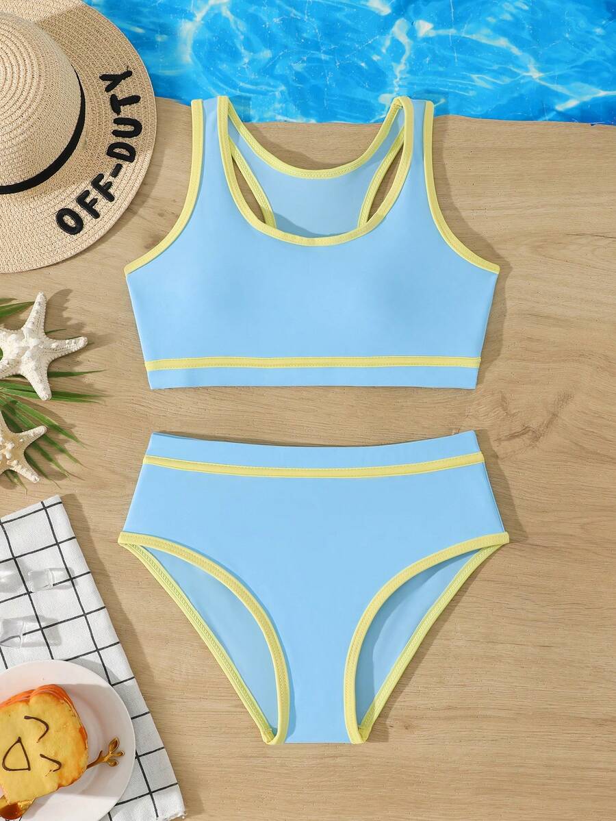 SHEIN Bộ đồ bơi viền tương phản dành cho bé gái tuổi teen - Màu xanh lam - Xem 1