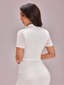 With My Calm With My Calm Women's Equestrian Zip-Up Short Sleeve Sports Top - White - View 2