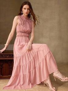 MOTF PREMIUM FRENCH ELEGANT SPRING/SUMMER NEW WOMEN'S HIGH-END FORMAL DRESS, LOTUS ROOT PINK HEAVY EMBROIDERY RUFFLE WAIST DRESS - Dusty Pink - View 7