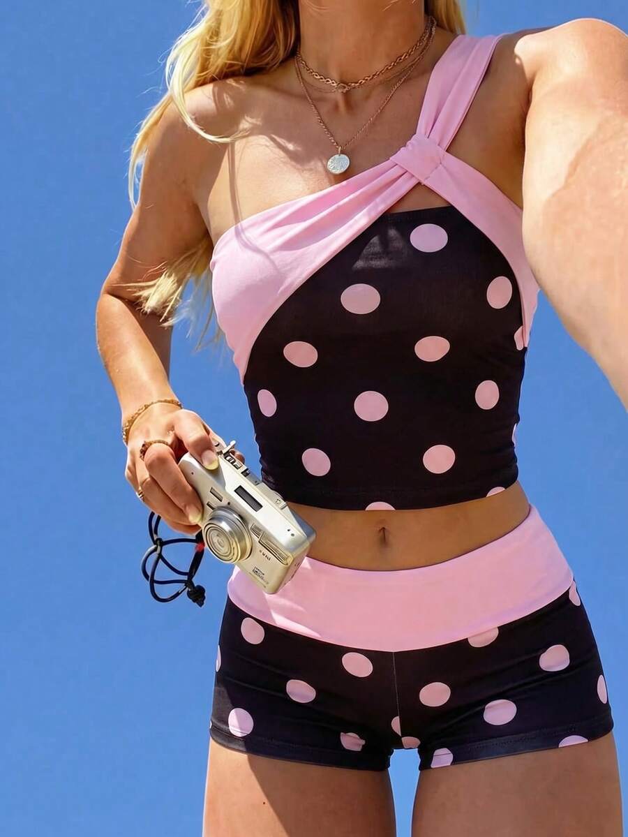 Soleia Women's Summer Y2K Versatile Casual Comfortable Knit Polka Dot Patchwork Color-Block Halter Neck Mini Slim Fit Sexy Hot Girl Top And Shorts. Suitable For Vacations, Parties, Dates, Carnivals, Afternoon Tea, Beaches, Cruises, City Trips, Music Festivals And Many Other Occasions. Party Top, Summer Top, Women's Summer Outfit - Multicolor - View 1