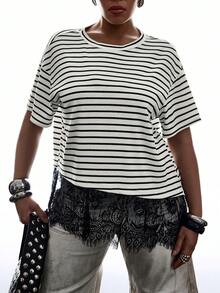 SHEIN EZwear 大码女式圆领条纹休闲百搭日常短袖T恤 - 黑與白 - 查看 2