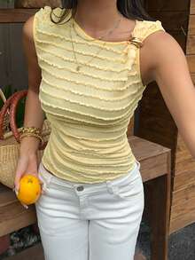 Serisse Frenchy Women's Pale Yellow Summer Elegant Cute Brunch Tank Top,Asymmetric Neck Metal Ring Detail Lettuce Trim Ruched Textured Sleeveless Camisole - Yellow - View 3