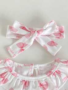 3pcs/Set Baby Girls' Cute Sweet White And Pink Bow Print Outfit,Soft Comfortable Short Sleeve Top,Pants And Headband,Summer Holiday Home Night Wear - Pink - View 4