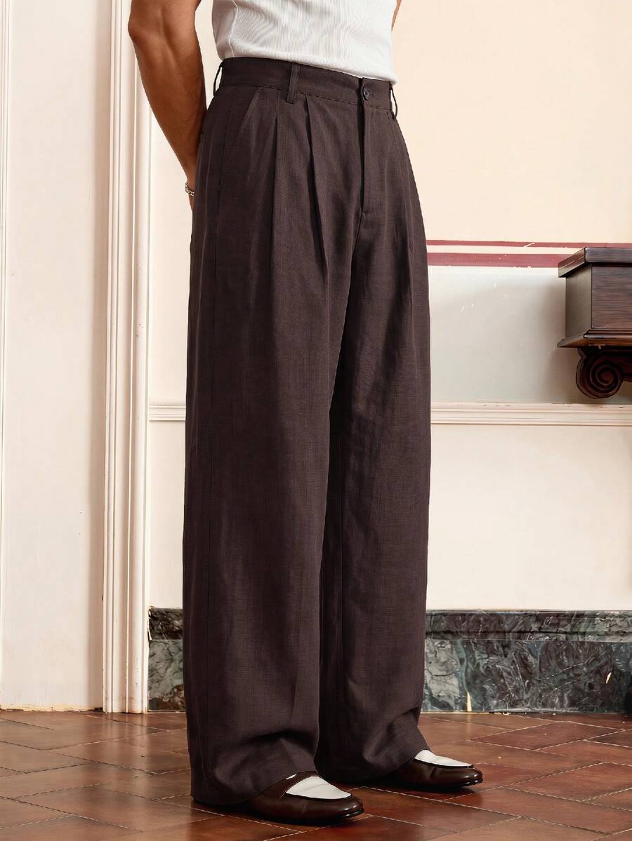 SWAVVY Men's Solid Color Pleated Wide Leg Loose Casual Long Pants,For Spring And Autumn - Brown - View 1
