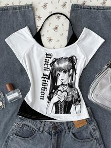 Tween Girls Casual Minimalist Y2K Cartoon Print Ruched Tie Front Cropped Tops - Black and White - View 3