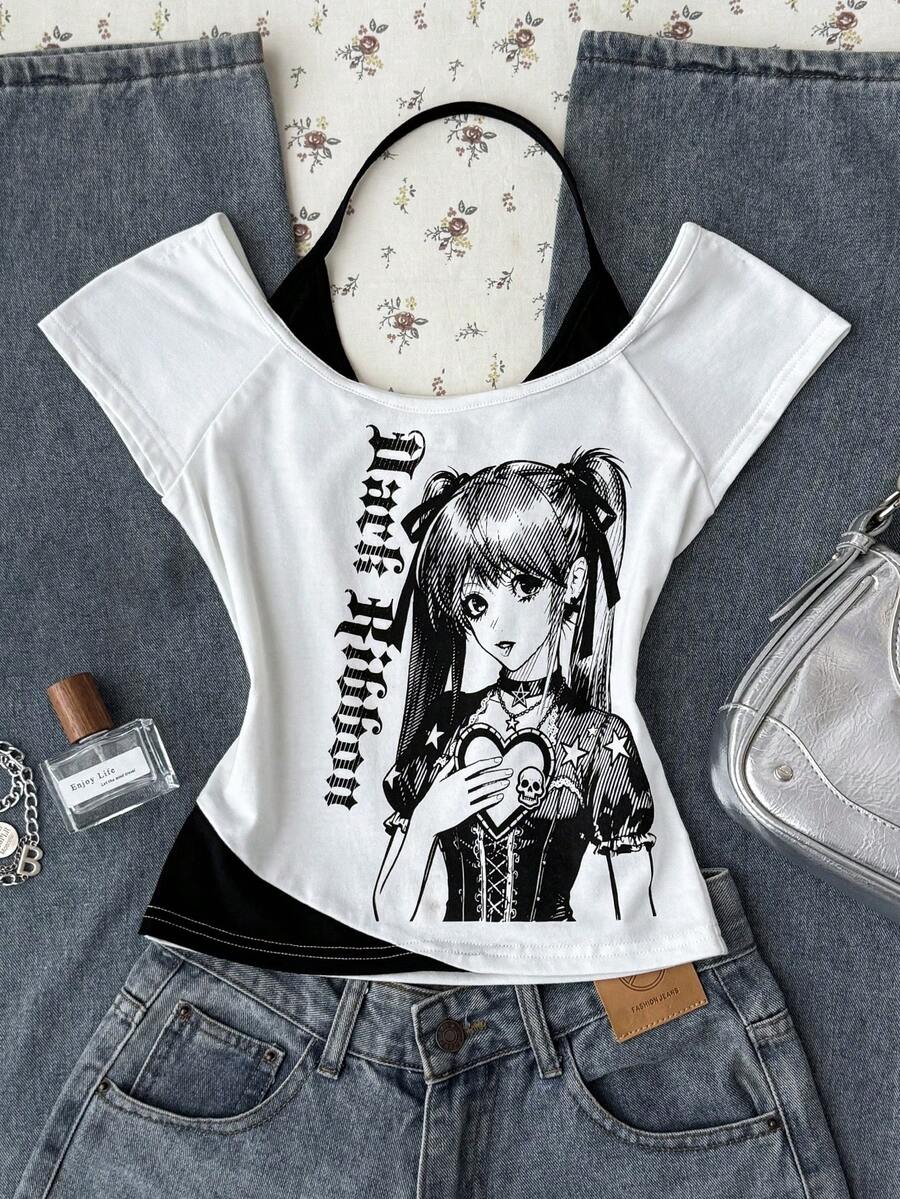 Áo croptop buộc dây phía trước, kiểu dáng tối giản, in hình hoạt hình phong cách Y2K, dành cho bé gái tuổi teen. - Đen và trắng - Xem 1