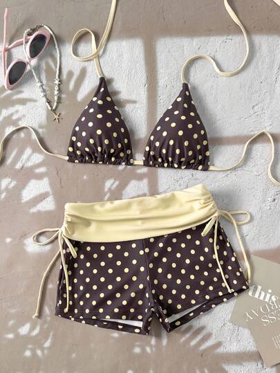 Swim Mod 26SS Spring/Summer Vacation Beach Cute Yellow & Pink Polka Dot Triangle Top & Hipster Bottom Contrast Color Bikini 2 Pieces Set 2026 New Women's Swimwear ArrivalFor School,Suitable For Holiday, Date, Afternoon Tea, Western, Cruise, Beach, Island, Road Trip, All Seasons, Music Festival, Boho Vacation,Bohemian Vacation, Chill Autumn ,Western Boho ,Elegant Tops For Women