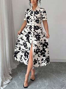 Elenzga Elegant Shirt Collar Short Sleeve Belted Mid-Length Black & White Plus Size Dress, Suitable For Spring, Summer, Autumn - Black and White - View 5
