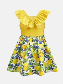Young Girl Striped Bow Ruffle Trim Short Sleeve Yellow Casual Dress, Fashionable Daily Wear, Soft & Comfortable For Spring/Summer Beach Holiday - Yellow - View 2