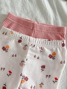 Loomiva 4件套新生女宝宝夏季休闲碎花荷叶边圆领短袖上衣和裤子针织罗纹睡衣套装 - 彩色 - 查看 5