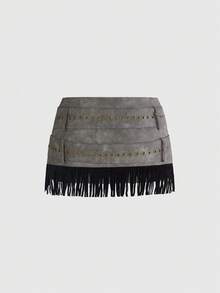 ROMWE Grunge Punk Trang phục dự lễ hội âm nhạc miền Tây phong cách retro cá tính, thiết kế tua rua, chất liệu PU sần sùi, cạp siêu thấp. - Xám - Xem 2