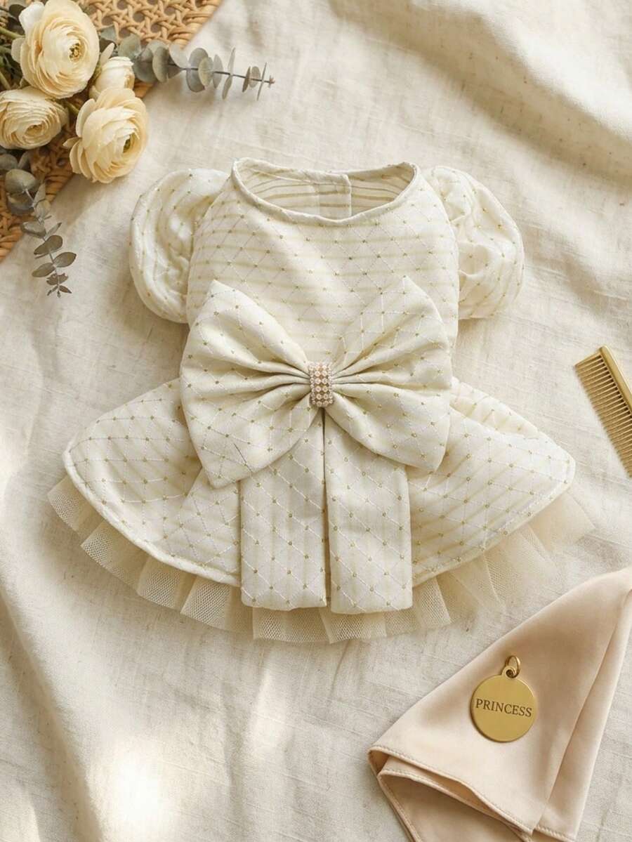 PETSIN 1 pieza Vestido de lujo para mascotas (gatos/perros) con estampado de cuadros en color dorado champán, decorado con rhinestones y grandes lazos en estilo princesa para perros pequeños - Champán - Ver 1