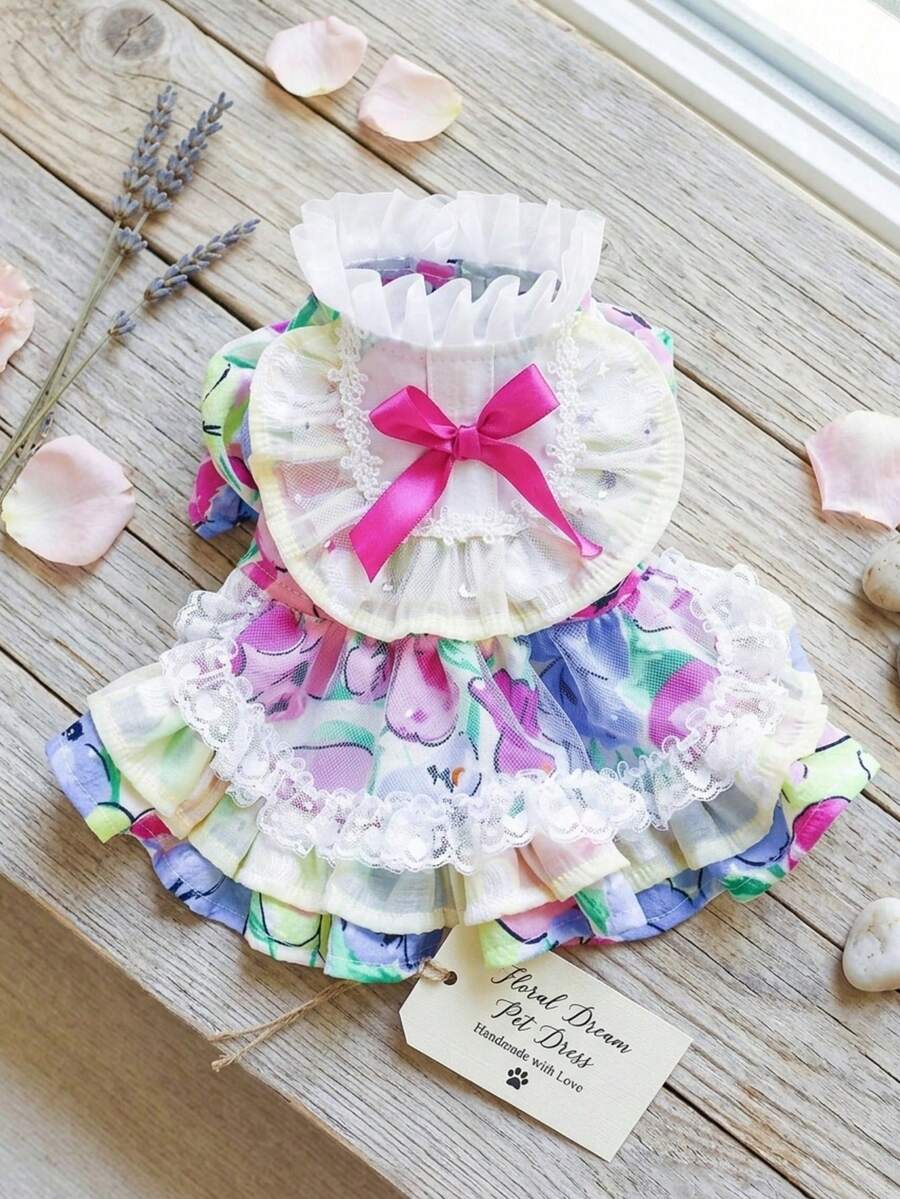 PETSIN 1 pieza Ropa universal para gato y perro, Vestido de mascota con volantes florales lindos, con lazo de mariposa y mangas abullonadas, Vestido de perro pequeño estilo princesa - Flor rota - Ver 1