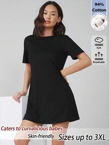 SHEIN BASICS 大码休闲纯色短袖连衣裙，夏季 - 黑色 - 查看 2