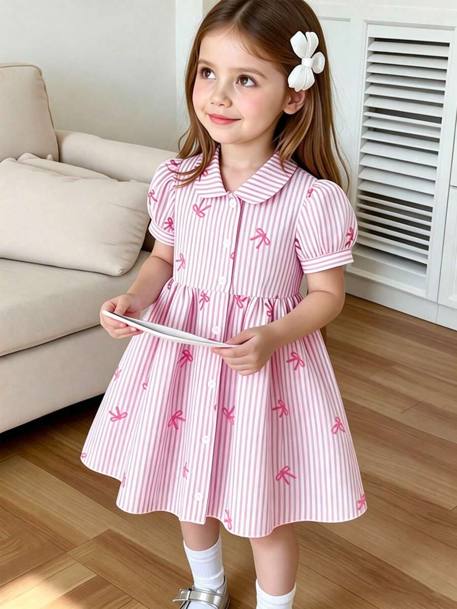 SHEIN Playful Pals 女童休閒時尚格紋蝴蝶結印花泡泡袖襯衫洋裝,適合春夏外出、戶外、校園及日常穿著 - 粉色 - 查看 1