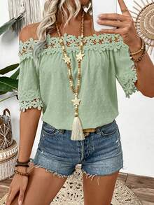 EMERY ROSE Textured Fabric Ruffle Detail Off Shoulder Blouse - Green - View 7