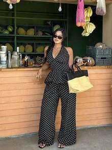 Sunnyshic Bộ đồ hai mảnh cỡ lớn dành cho nữ, màu đen chấm bi, kiểu dáng xếp ly sâu, cổ yếm buộc dây, phần eo xòe rộng, thích hợp cho kỳ nghỉ, đi biển, đi làm, mặc thường ngày và hẹn hò. - màu đen - Xem 7