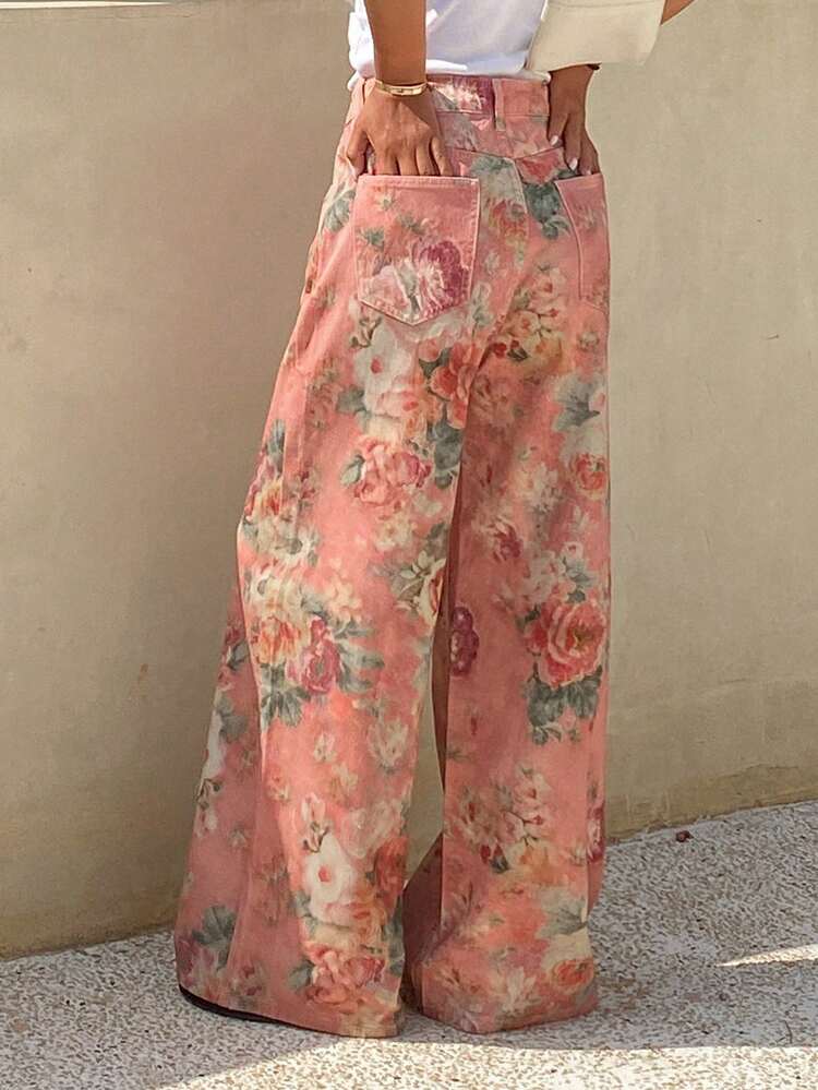 Women's Casual Floral Print Loose Wide-Leg Jeans