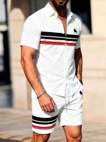 Manfinity Homme 男士常规肩短袖条纹前开襟休闲夏季衬衫套装 - 彩色 - 查看 3