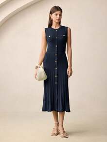 BizChic Abito da donna di media lunghezza con bottoni, elegante casual per vacanze, feste, appuntamenti, invitati a matrimoni, Festa dell'Indipendenza, stagione di laurea, festival musicali, snellente, elegante, versatile, di alta gamma, estivo, per eventi sociali, raduni, uscite, spiaggia, ufficio, uso quotidiano, stile francese vintage minimalista e fresco - Blu Navy - Visualizzare 3