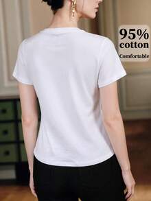 Anewsta Women's Rhinestone Decor Casual Round Neck Short Sleeve T-Shirt, Summer - White - View 2