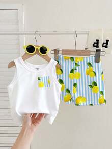 Baby Boy Casual Soft & Comfortable Set, Classic Vacation Striped Lemon Print, Suitable For Spring/Summer, Beach - Multicolor - View 2