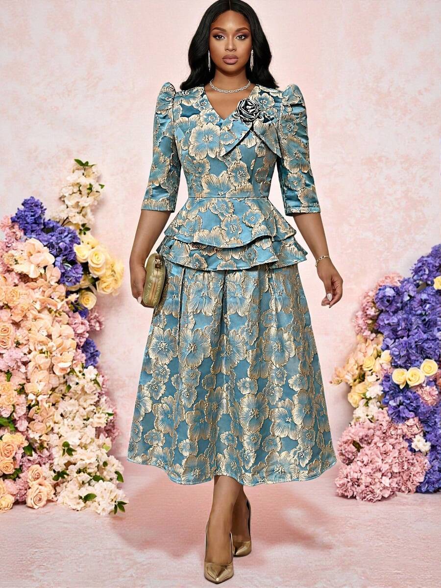 Fleurora Spring And Summer Elegant Party Wedding Cocktail Party Concert/Music Festival Blue Jacquard Flared Midi Plus Size Skirts Plus Size Floral Jacquard Elegant A-Line Skirt, Spring/Summer Summer Outfit For Women Festival Outfits For Women Going Out Outfits Luxury Skirt Luxurious Midi Skirt Festival Outfits For Women Going Out Outfits Birthday Outfits For Women - Blue - View 1