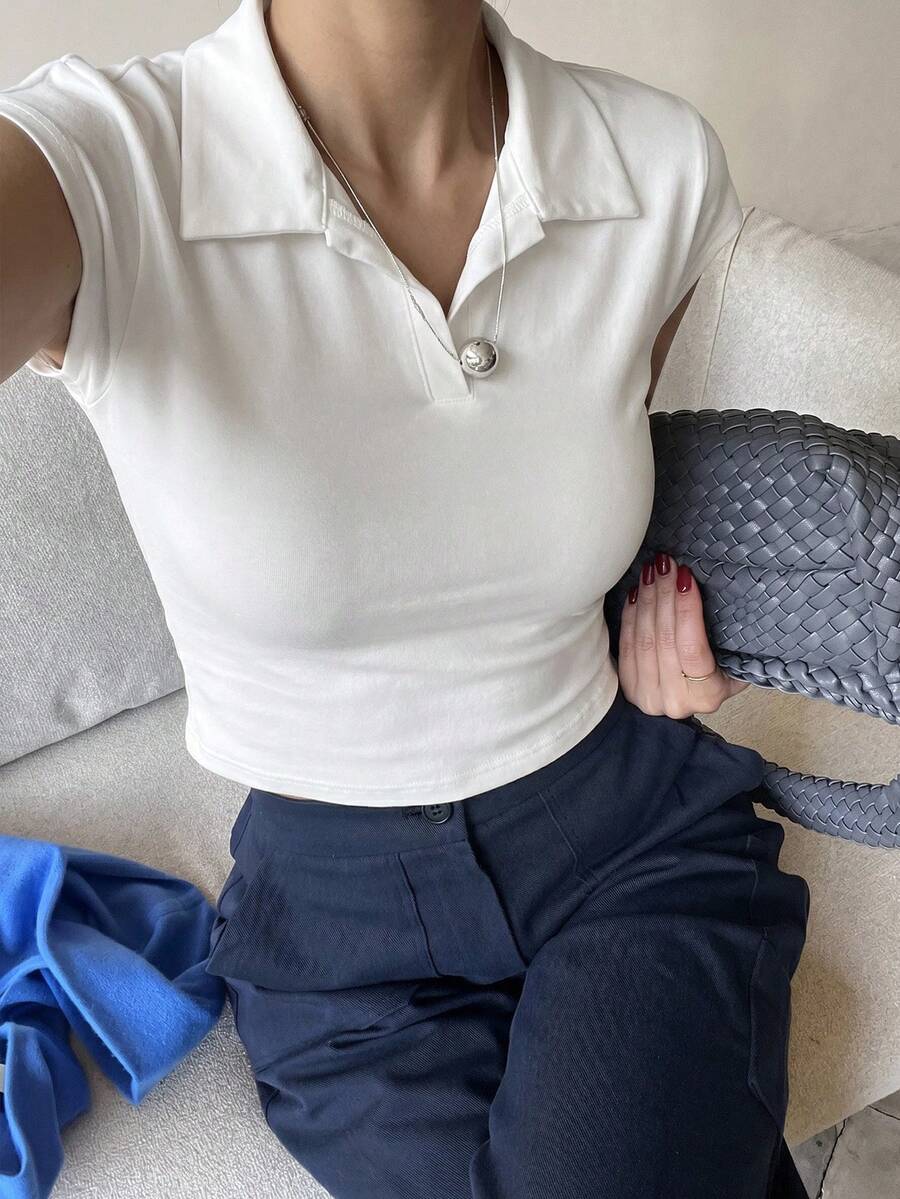 DAZY 女士修身短款高领白色T恤,春夏款 - 白色 - 查看 1
