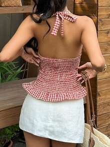 Serisse Women's Plaid Contrast Lace Deep V-Neck Halter Top - Red - View 2