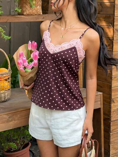 Serisse 2026 Women's Summer Beach Vacation Polka Dot Print Contrast Lace Camisole,Women Polka Dot V Neck Lace Trim Spaghetti Strap Cami Top,Women Cute Polka Dot Lace Trim V Neck Spaghetti Strap Cami Top For Summer Going Out,Women Y2K Polka Dot Lace Trim V Neck Cami Top Cute Summer Vacation Going Out Top,Beach Outfit, Date Night Outfit,Going Out Tops For Women,Summer Holiday Outfits,Casual T-Shirt For Women,Holiday Outfits For Women,Casual Blouse For Women