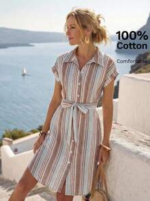 EMERY ROSE Women's Casual Striped Front Button Belted Mid-Length Dress,Summer Dresses For Women - Multicolor - View 3
