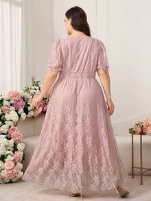 Reflora Vestido elegante de mujer talla grande con estampado floral, cuello cuadrado y mangas de pétalo - Rosa 2 - Ver 2