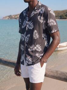 Palasendo Men's Front Button Short Sleeve All-Over Print Casual Top And Shorts Beach Set,Hawaiian - Black and White - View 5