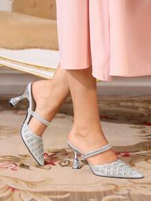 CUCCOO TILAWA Women's Fashion Glitter Embroidered Laser Studded High Heels Pointed Toe Pumps, Suitable For Spring And Autumn - Silver - View 1