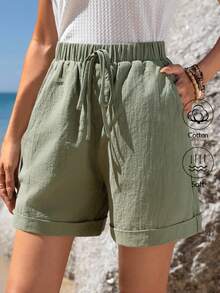 Sylviya Elastic Waist Tie Rolled Hem Slant Pocket Casual Shorts Summer Green Shorts Cotton Women Shorts,Vacation - Army Green - View 4