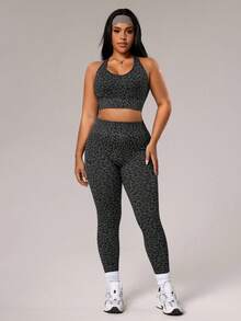 SHEIN Sports 大码女式豹纹吊带背心和紧身裤运动套装 - 灰色 - 查看 5