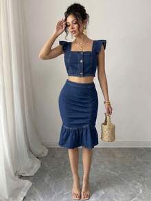 Elenzga Bộ đồ denim ôm sát dành cho nữ, gồm áo và chân váy denim ôm sát có bèo nhún, viền bèo. - Rửa trung bình - Xem 3