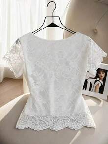 SHEIN PETITE 女士V领蕾丝边纽扣优雅衬衫 - 白色 - 查看 2