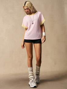VARSIVA Summer Top, Women's Pink Striped Backless Short Sleeve Sports Casual T-Shirt Pilates Sommer, Summer Top T Shirt, Yoga, Gym, Casual, Vacation, Sports - Multicolor - View 4