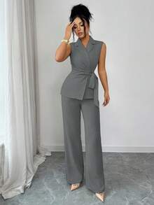 Selianne Elegant Romantic Vacation & Office Bow Tie Blazer Suit Set For Women - Dark Grey - View 3
