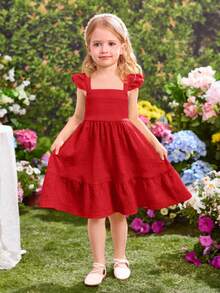 SHEIN Young Girl Ruffled Cap Sleeve Summer Vacation Dress - Red - View 6