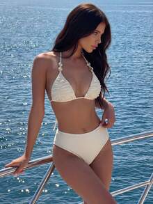 Bonvoyette Women's Summer Beach Solid Color Shiny Fabric Halter Triangle Top With Ruched Detail, Beaded Decor, Hollow Back Bikini Top And Shorts, Simple Casual Resort Swimwear Set - Beige - View 5
