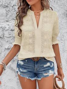 EMERY ROSE Blusa de mujer con escote en V bordada y manga corta - Albaricoque - Ver 5