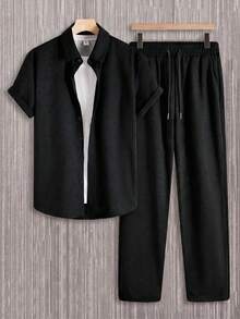 Manfinity Homme Men's Solid Color Short Sleeve Single-Breasted Shirt And Pants Casual Suit - Black - View 3