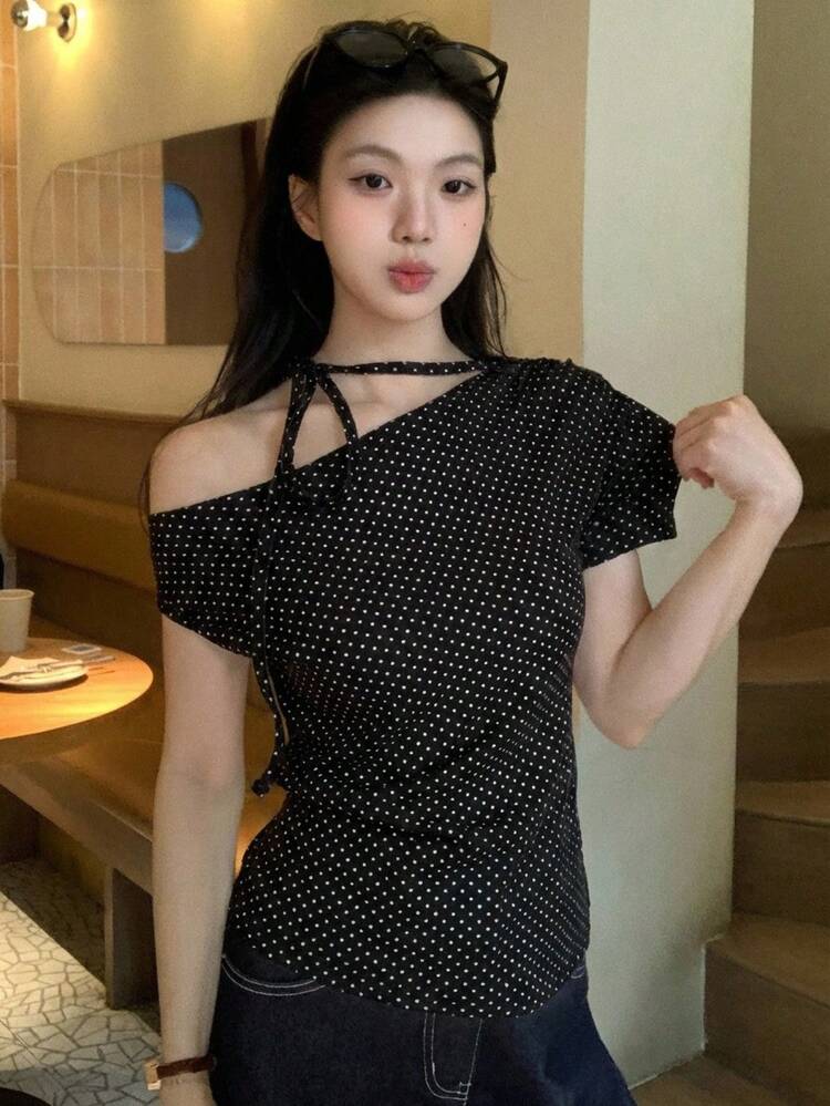 Women's Polka Dot Tie Shoulder Short Sleeve T-Shirt, Korean Style, Spring/Summer