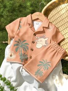 SHEIN Vintaside Kids 幼儿男童趣味野生动物印花短袖衬衫短裤套装，春夏度假休闲装 - 棕色 - 查看 5