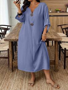 Breezaya Plus Size Casual Metal Decor Roll-Up Sleeve Dress For Holiday BASICS Fall - Navy Blue - View 5