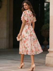 Velvienne Plus Size Floral Print Crossover V-Neck Ruffle Sleeve A-Line Mid-Length Dress, Pink Sequin, Summer, Elegant, Wedding Formal Evening Party Wear - Multicolor - View 2
