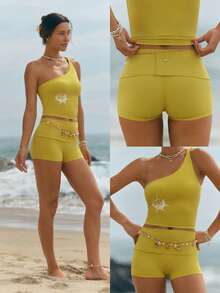 2.5" FeatherFit™ Ultra Mini Soft Stretchy Low Rise Foldover Invisible Scrunch Bum Sculpt Seam Biker Shorts Low Impact Yoga Studio Pilates Daily Wear - Butter Yellow - View 9